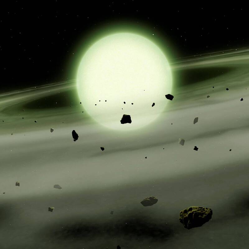 呈现淡黄绿色的编号WDJ1330+6435白矮星模拟图。(路透) 呈现淡黄绿色的编号WDJ1330+6435白矮星模拟图。(路透)
